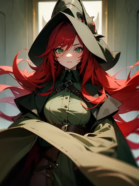 A young woman with long red hair and green eyes. She was wearing a plague doctors outfit but no mask.