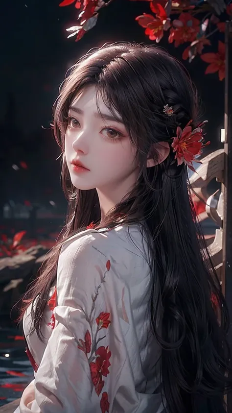 1girl,solo,1girl,solo,((beautiful detailed eyes)), (detailed light),depth of field,(white hair),silver eyes,hair over one eye,(red flower ), hair flower,long hair,black cloak,wet,emotionless,looking back,night,starfall,raining,fog,red flowers falling,sketc...