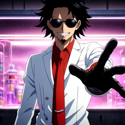 Man,Slim body,Long black hair,White suit,Red tie,Sunglasses,Goatee,Black gloves,Mad scientist smile,Mad Scientist,White mechanical arms,Laboratory setting,One Piece inspired anime lines,Drenched in dramatic,amazing lighting,dramatic lighting,infused with c...