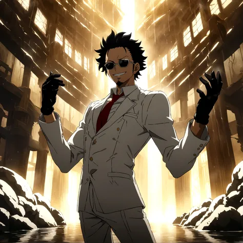 Man,Slim body,Long black hair,White suit,Red tie,Sunglasses,Goatee,Black gloves,Mad scientist smile,Mad Scientist,White mechanical arms,Laboratory setting,One Piece inspired anime lines,Drenched in dramatic,amazing lighting,dramatic lighting,infused with c...