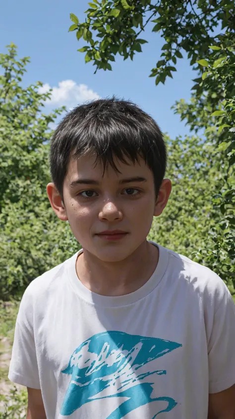 A 12-year-old Japanese boy participating in an artistic cinema-themed outdoor photo shoot. The boy stands under the bright sunlight, surrounded by green trees and a clear blue sky. His portrait should capture a focused yet innocent expression, highlighted ...