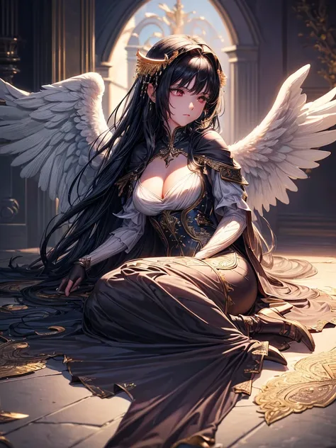 ((best quality)),(Ultra-high resolution),(Super detailed),(Detailed description),((Best CG))(Fantasy art with precise details:1.5), Black Hair，European classical long dress，Hart neckline，(1 Female Angel:1.4),Angel Wings，side，Injuried，Blood，Half kneeling，Se...