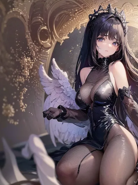 ((best quality)),(Ultra-high resolution),(Super detailed),(Detailed description),((Best CG))(Fantasy art with precise details:1.5), Black Hair，European classical long dress，(1 Female Angel:1.6),Angel Wings，side，Injuried，Blood，Half kneeling，Serious expressi...