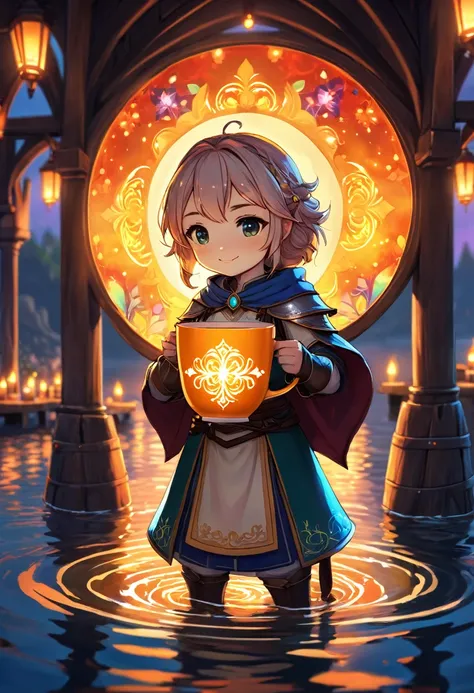 digital painting, mmorpg, Warm colors, cute style, medieval game, glowing effects in the background, glow effects, colorful, No characters, no characters, cute style, anime style, holiday, cup, cup за чемпионство, Award, stands on the water, circle effects...