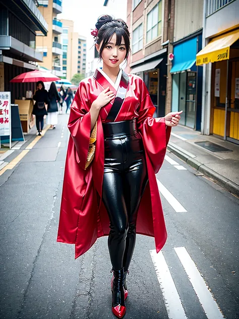 high quality, high resolution, Scenery of the city,Lots of girls,She is wearing a long-sleeved kimono made of super shiny enamel fabric.,The girls in the background are all wearing furisode kimonos made from super shiny enamel fabric.,全ての振袖は腰から下が腰まで切れ上がった超...