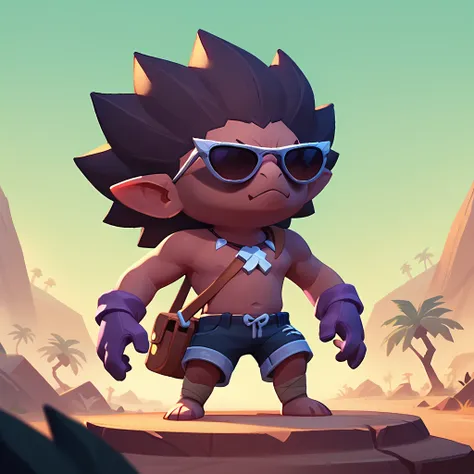 a dark creature resembles a living tree trunk, wearing sunglasses, wearing shorts and purple gloves