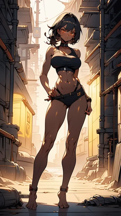 Masterpiece, best quality, high resolution, 1 woman, Karin , black skin , black hair , golden eyes , black tank top , black bikini , abdomen , big breasts, Long legs , Barefoot , Put your hands on your hips.. , stand perfectly erect , alley , tall building...