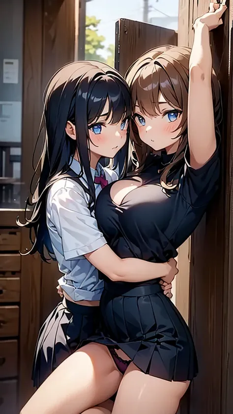 ((2 girls,))  18 years of age,  one pinned against a wall with her arms above her head,one lifting her skirt, ((panties showing)), both looking deeply into each other eyes,  seductive looking, 