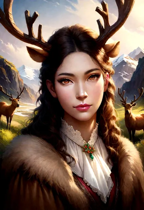 (reindeer),oil,Beautiful natural scenery,Fine fur,Brown eyes and horns. (Highest quality,High resolution,Vibrant colors)(Realistic:1.37)(Portraiture)