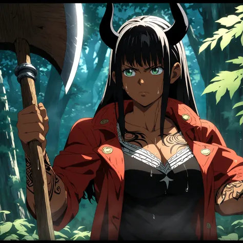 Female, dark skin, tall, muscular and robust body, long black hair, black horns, green eyes, tribal tattoos, black blouse, red jacket, holding a large lumberjack axe, serious expression, forest background, anime lines inspired by One Piece, Drenched in dra...