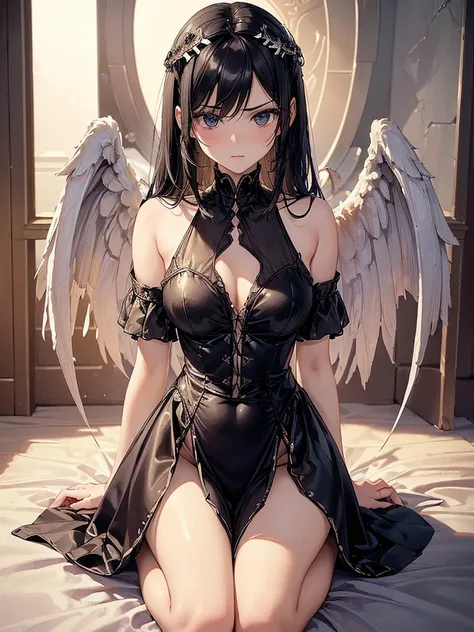 ((best quality)),(Ultra-high resolution),(Super detailed),(Detailed description),((Best CG))(Fantasy art with precise details:1.5), Black Hair，European classical long dress，Elizabeth neckline，(1 Female Angel:1.6),Angel Wings，side，Injuried，Blood，Half kneeli...