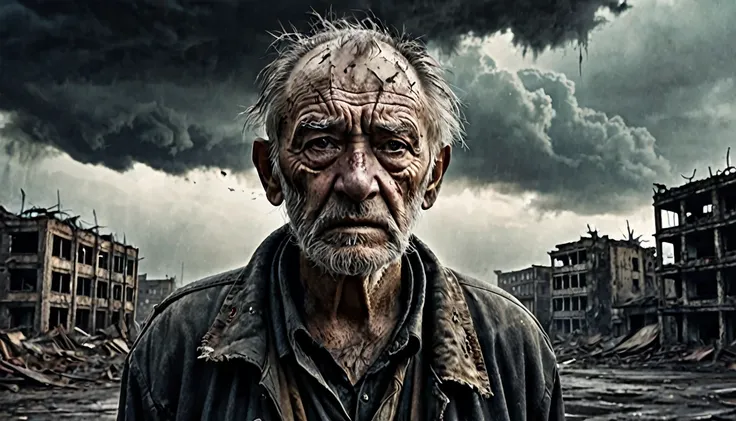 a decrepit old man, post-apocalyptic war-torn city, abandoned buildings,dark clouds, dramatic lighting, moody and somber tones, desaturated colors, cinematic composition, masterpiece, 8k, hyper detailed, photorealistic, cinematic, dramatic lighting, dark a...