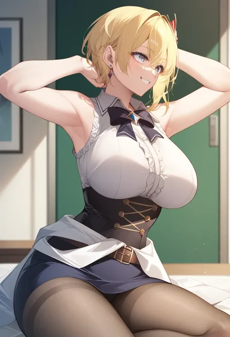 masterpiece)),((Highest quality)),High resolution,Highly detailed CG,Perfect lighting,8k wallpaper、One Woman, alone、Very large breasts、Very large breasts、Side bust、very thick legs、smile、Blonde,Looking into the camera、Grey Eyes、short hair、ミディアムshort hair、bl...