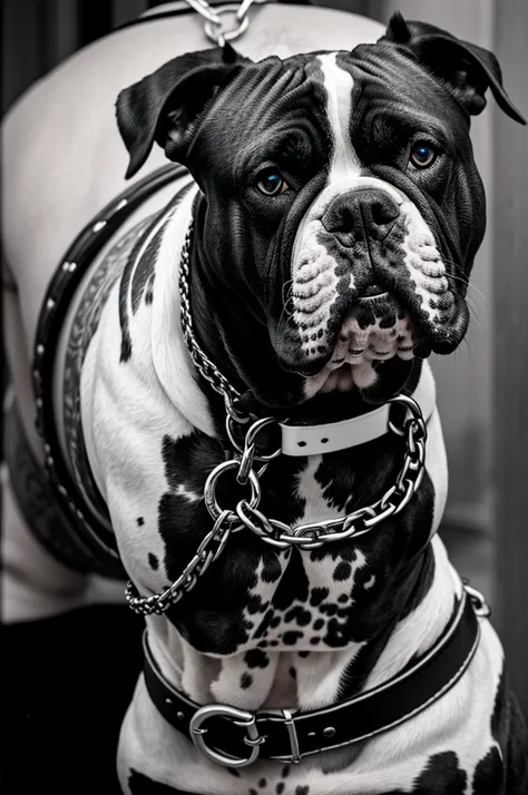 Black and white tattoo of mad bulldog dog with chain collar