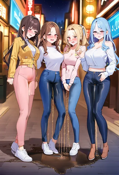 ((best quality, masterpiece:1.3, 8K)), (detailed), highly detailed face and skin texture, detailed eyes, downtown, night time, full body, (slender body:1.1), (a group of 3 girls:1.2), 25 years old, white skin, bright lips, worried, embarrassed, long hair, ...