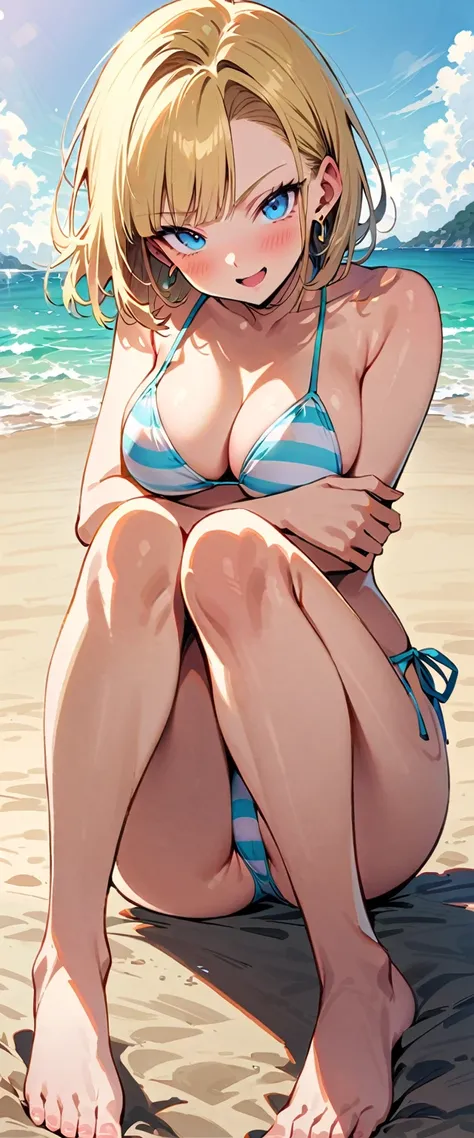 (masterpiece, best quality:1.2), (solo), Android 18 from Dragon Ball, 20s, ((string bikini, pastel stripe bikini)), sitting, (hugging own legs), medium breasts, blunt bangs, short blonde hair, (blue eyes), earrings on earlobes, slender feminine figure, ski...