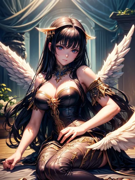 ((best quality)),(Ultra-high resolution),(Super detailed),(Detailed description),((Best CG))(Fantasy art with precise details:1.5), Black Hair，European classical long dress，Elizabeth neckline，(1 Female Angel:1.6),Angel Wings，side，Injuried，Blood，Half kneeli...