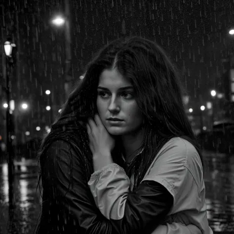 30 year old rich long haired woman comforting a sad looking 10 year old man, amidst a cityscape, heavy rain, high contrast, sadness, resilience illuminated by flickering street lights, ultra realistic and dramatic lighting
