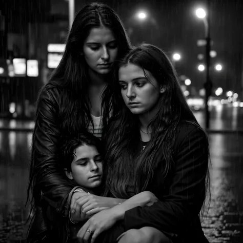 30 year old rich long haired woman comforting a sad looking 10 year old man, amidst a cityscape, heavy rain, high contrast, sadness, resilience illuminated by flickering street lights, ultra realistic and dramatic lighting
