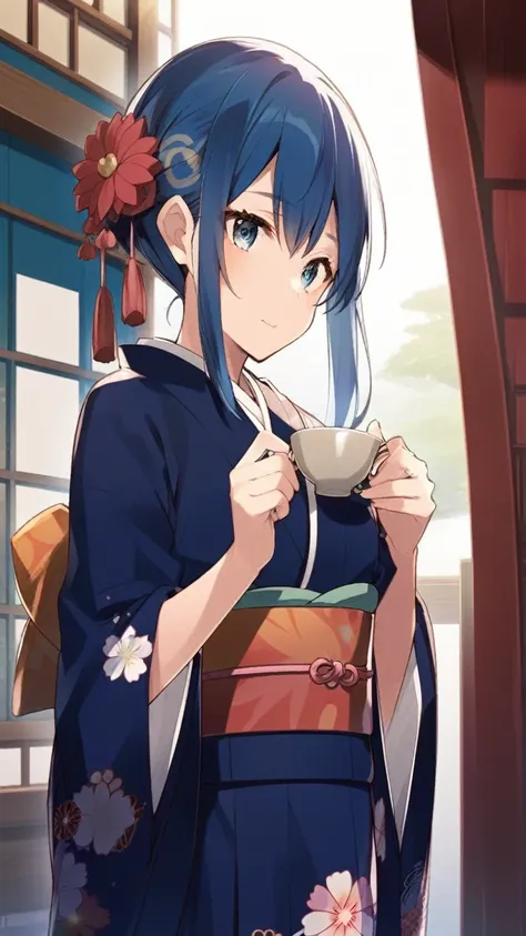 anime girl in kimono outfit holding a cup of tea, anime moe art style, in kimono, in kimono, cute girl anime visuals, wearing a ...