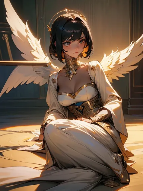 ((best quality)),(Ultra-high resolution),(Super detailed),(Detailed description),((Best CG))(Fantasy art with precise details:1.5), Black Hair，European classical long dress，Elizabeth neckline，(1 Female Angel:1.6),Angel Wings，side，Injuried，Blood，Half kneeli...