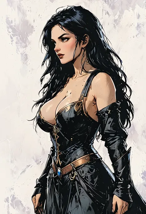 beautiful sorceress medival, long black hair, sexly. big tits. she looks into the distance. profil. From Side View. Graphic style of Roman comics, 2d, 8K, hyper realism, ​masterpiece, high resolution, best quality, Ultra-detail, super realistic, Hyperreali...