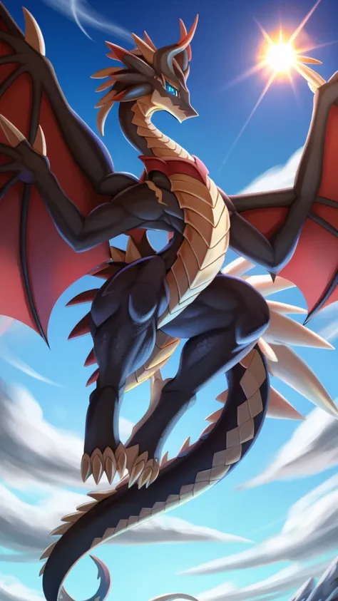 dragon,yugioh,dragonmaid sheou, dragon wing,dragon tail, blue eyes, flying, sun, sky, cloud, black dragon,dragon scale