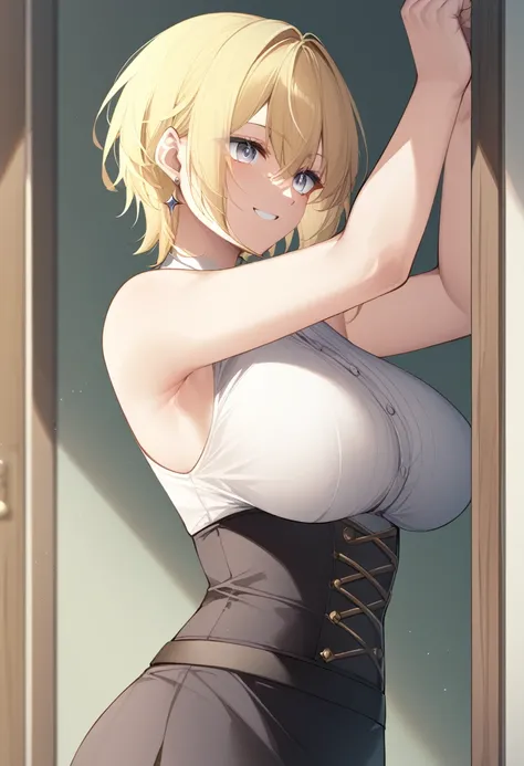 masterpiece)),((Highest quality)),High resolution,Highly detailed CG,Perfect lighting,8k wallpaper、One Woman, alone、Very large breasts、Very large breasts、Side bust、very thick legs、smile、Blonde,Looking into the camera、Grey Eyes、short hair、ミディアムshort hair、bl...