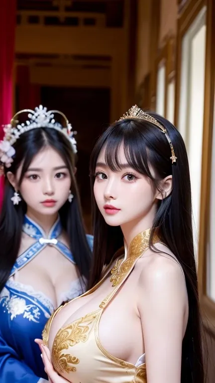 (((Two Chinese beauties)))、((Standing side by side))、((Angle of view from the side))、((Look this way))、((The beautiful woman on the right is wearing a bright red outfit))、(((The beauty on the left is wearing a royal blue outfit.)))、((Two beautiful women in...