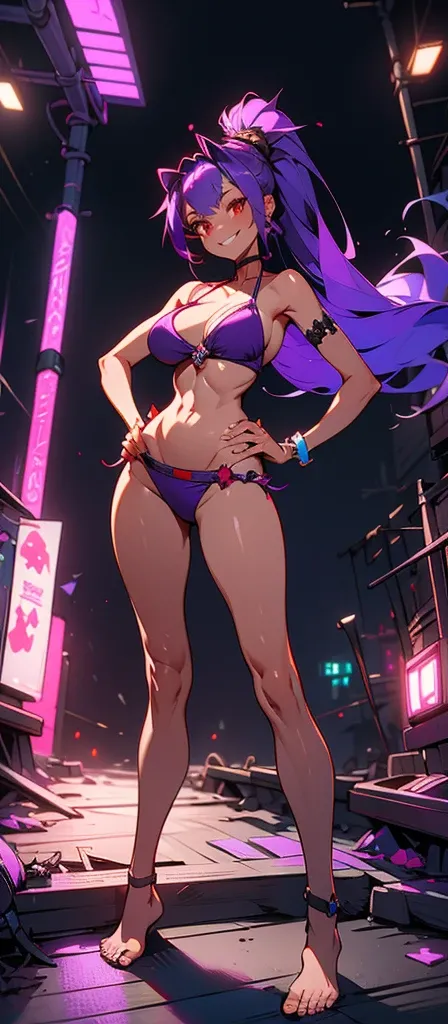 Masterpiece, best quality, Masterpiece, best quality, 1 woman , red eyes , long purple ponytail , sly face , smile , purple bikini , abdomen, big breasts , Long legs , Barefoot , hands on hips , abandoned factory , at night