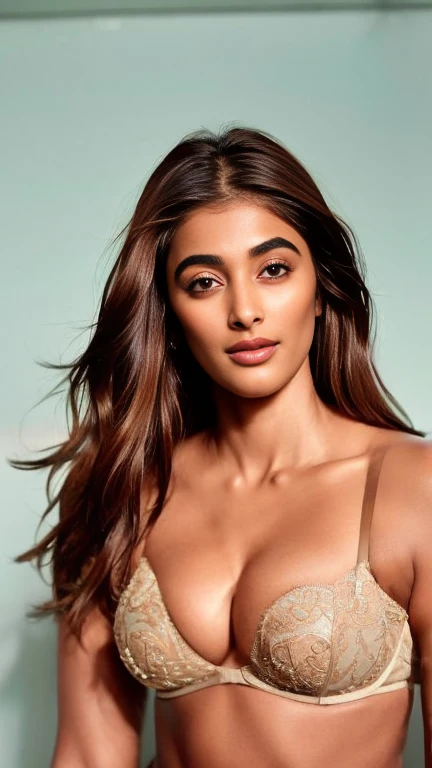 no make up, cool temperature,body close up photo of naked pooja hegde,slim,sexiest lingerie, bedroom,  intricate details, cold r...