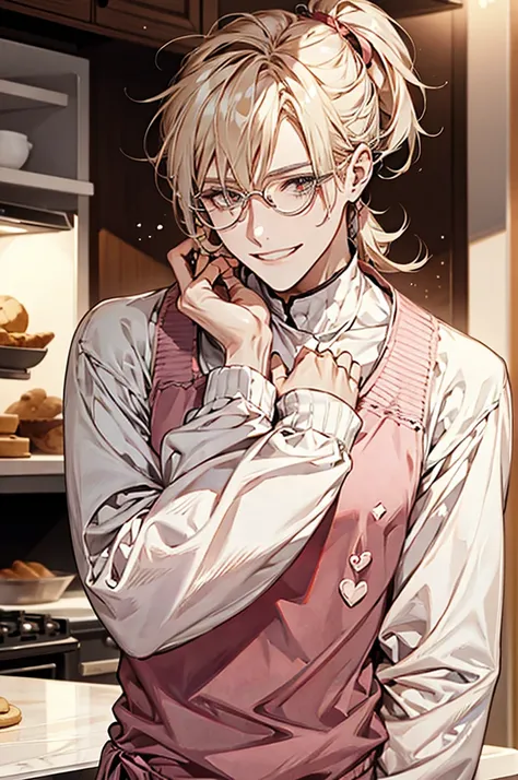 1male, ponytail hair, brown eyes, blond hair, white apron, pink sweater, glasses, mature face, ikemen, smile, baking cookies, kitchen background, 4k, high resolution, rim lighting
