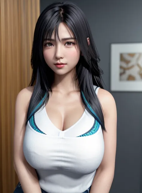 realistic 4K of a young plus-size Indonesian woman with flowing wavy black hair with a seductive expression, wearing a white striped shirt and blue jeans, dynamic poses, various sizes and shapes, cross-hatching and dotting techniques, and finished with int...