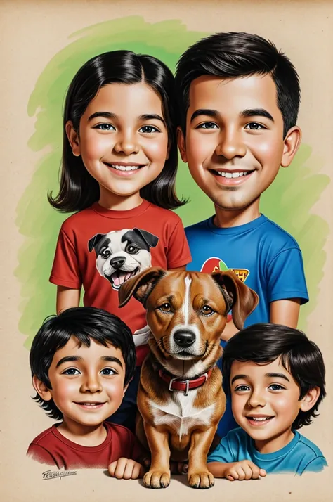 Caricature for children of 2 brothers and a dog, 