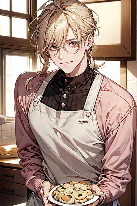 1male, ponytail hair, brown eyes, blond hair, white apron, pink sweater, glasses, mature face, ikemen, smile, baking cookies, kitchen background, 4k, high resolution, rim lighting
