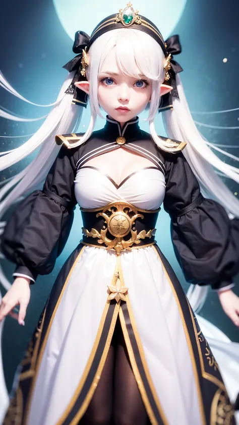 Highest quality:1.2)、1 Girl、Elf、Are standing、chest、、Frielen、Fantasy、(landscape:0.5)、High twin tails、White Hair、Green Eyes、White Robe