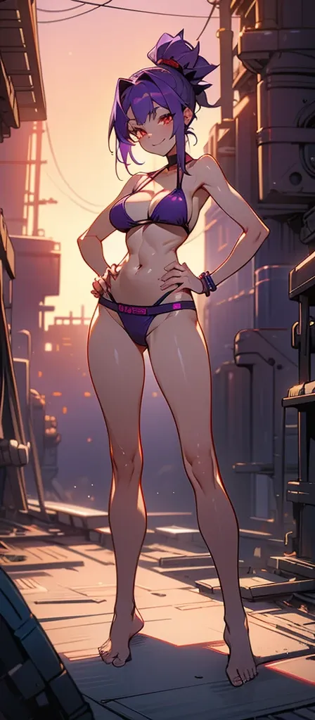 Masterpiece, best quality, Masterpiece, best quality, 1 woman , red eyes , long purple ponytail , sly face , smile , purple bikini , abdomen, big breasts , Long legs , Barefoot , hands on hips , abandoned factory , at night