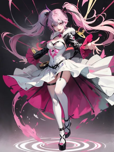 A full body anime girl joker inspired by Harley Quinn with a amazing dress design with pink coloured eyes and grey hairs


