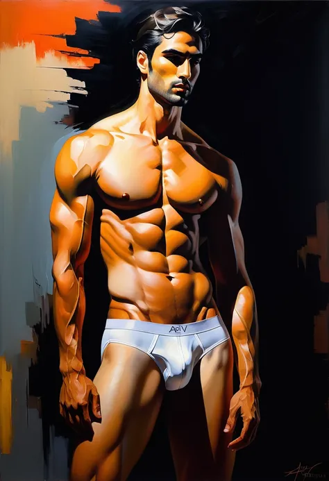 Sensual illustration of an Arav man in white underwear in chiaroscuro, sexy masculine, Diego Fazio, Male model, author：Ludovite Fura, Model with charming figure, inspired author：Lute Fula, Medium shot of a handsome guy, Model wearing flowing, Heavy oil pai...