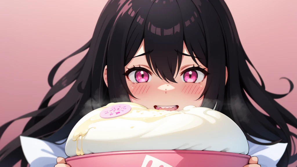 One girl,Black Hair,Pink eyes,(blush:1.1)、Shy open-mouthed face、 ((Heavy breathing:1.3)), like, smile、Big Breasts、whole body,Im eating ice cream,Pretty sexy pose