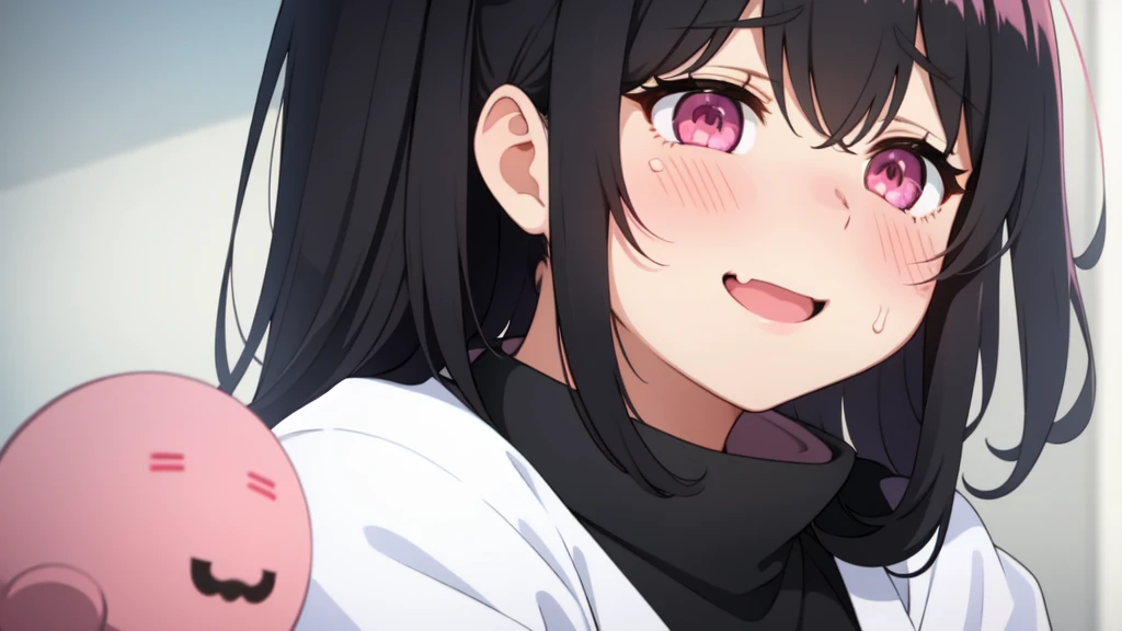 One girl,Black Hair,Pink eyes,(blush:1.1)、Shy open-mouthed face、 ((Heavy breathing:1.3)), like, smile、Big Breasts、whole body,Im eating ice cream,Pretty sexy pose