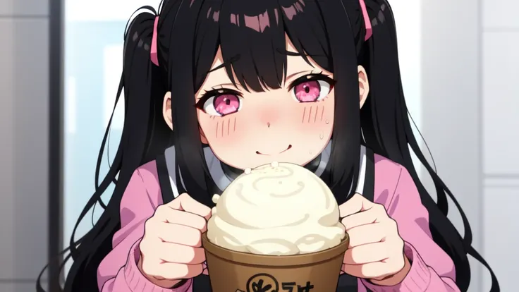 One girl,Black Hair,Pink eyes,(blush:1.1)、Shy open-mouthed face、 ((Heavy breathing:1.3)), like,  smile、Big Breasts、whole body,Im eating ice cream,Pretty sexy pose