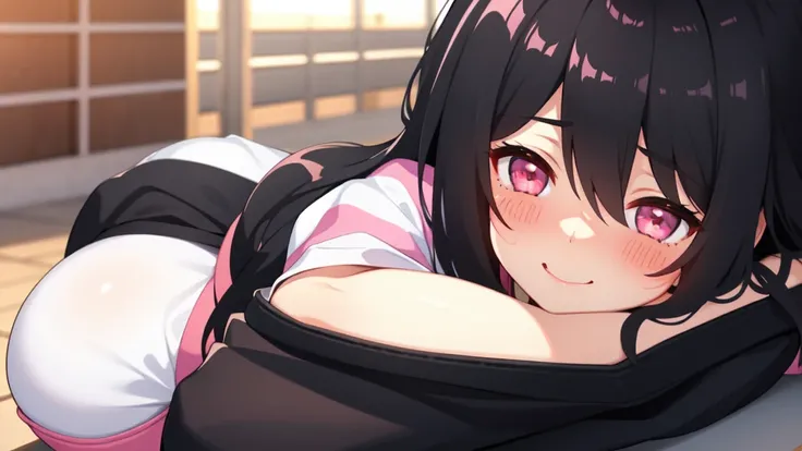 One girl,Black Hair,Pink eyes,(blush:1.1)、Shy open-mouthed face、 ((Heavy breathing:1.3)), like,  smile、Big Breasts、whole body,Im eating ice cream,Pretty sexy pose