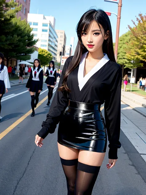 high quality, high resolution, Scenery of the city,Lots of girls,The girl is wearing a spandex .,The girls in the background are all wearing spandex school uniforms.,All school uniforms are super high-cut leotards from the waist down.,Wearing black shiny s...