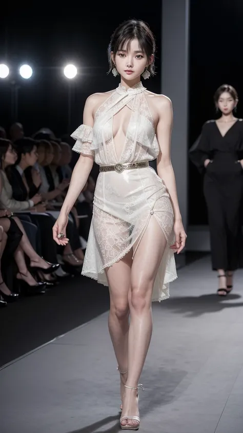 Korean women, so beautiful, Perfect Face, Very short hair, She is a model，Walking down the catwalk in a gorgeous outfit at Paris Fashion Week, Wear expensive earrings, perfect full body, You can feel the sexy aura of a top model、She is photographed
