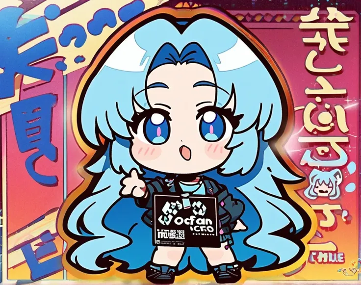 1girl, long silky hair, 90s style, medium blue hair, blue eyes, holding a sign saying (yofan club) name in background, chibi, (newest anime art style)
