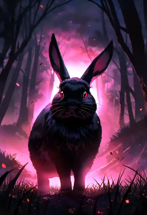 wild rabbit , (rabbit with horn: 1.5), (red eyes: 1.0), (wild: 1.0), meadow with short grass and forest background , full shot, ((looking at viewer:1.2), (from side:0.8)), volumetric lighting dynamic lighting, real shadows, vibrant contrasting colors, styl...