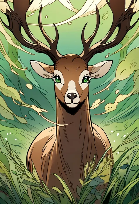 Detailed anime drawing of a brown deer with an elegant aura, big antlers, And the green eye runs through the meadow by itself