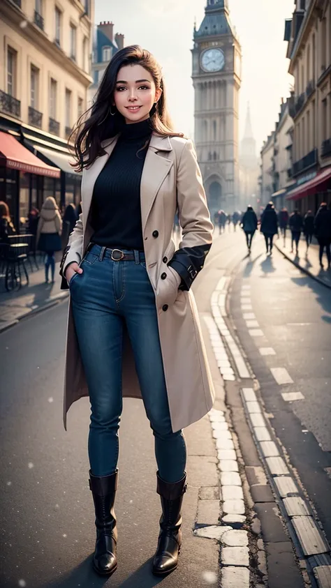 Beautiful young woman smiles, realistic image, wearing a nice shirt and long pants. Has a long coat put on boots On a walkway in Paris with a clock tower and falling snow. Wide view. See the scenery.