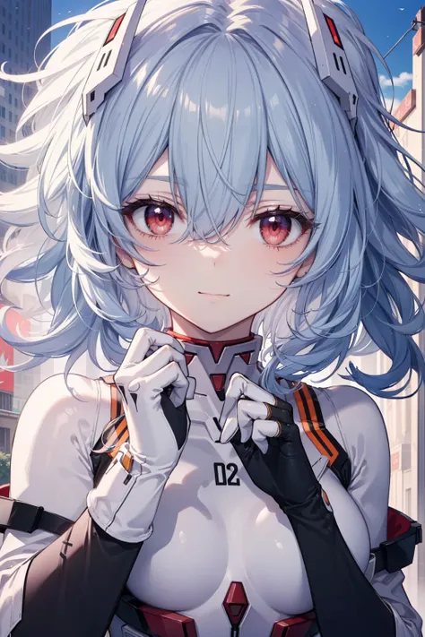 reiayanami, Rei Ayanami, Blue hair,(Long_messy_hair:1.4),(curly hair:1.4), (Red Eyes:1.5),light_smile,(half_eye:1.5)
BREAK bodysuit, headgear, plugsuit, White bodysuit,cowboy_shot,
BREAK outdoors, city,
BREAK looking at viewer, 
BREAK (masutepiece:1.2), Be...